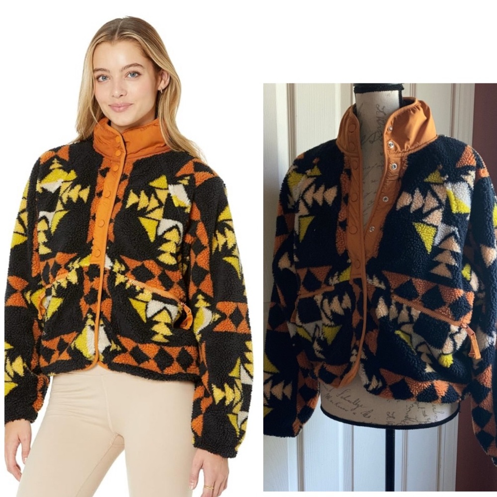 Free People Movement Rocky Ridge Fleece Teddy Sherpa Geo Print Jacket Sz Small